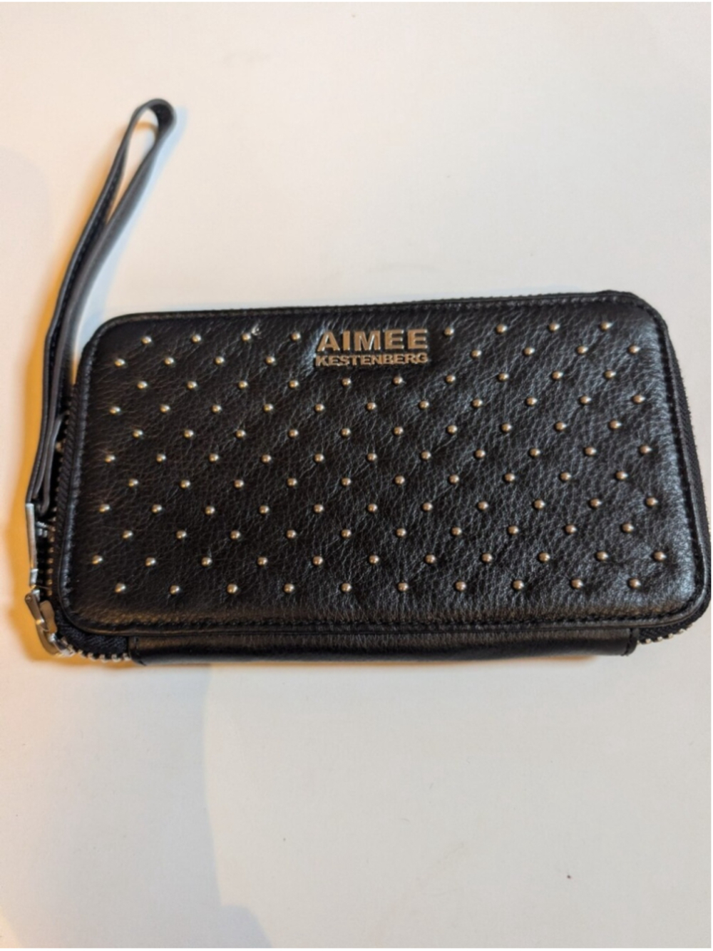 Aimee Kestenberg Black Pebbled Leather Studded Zip Around Wristlet Wallet